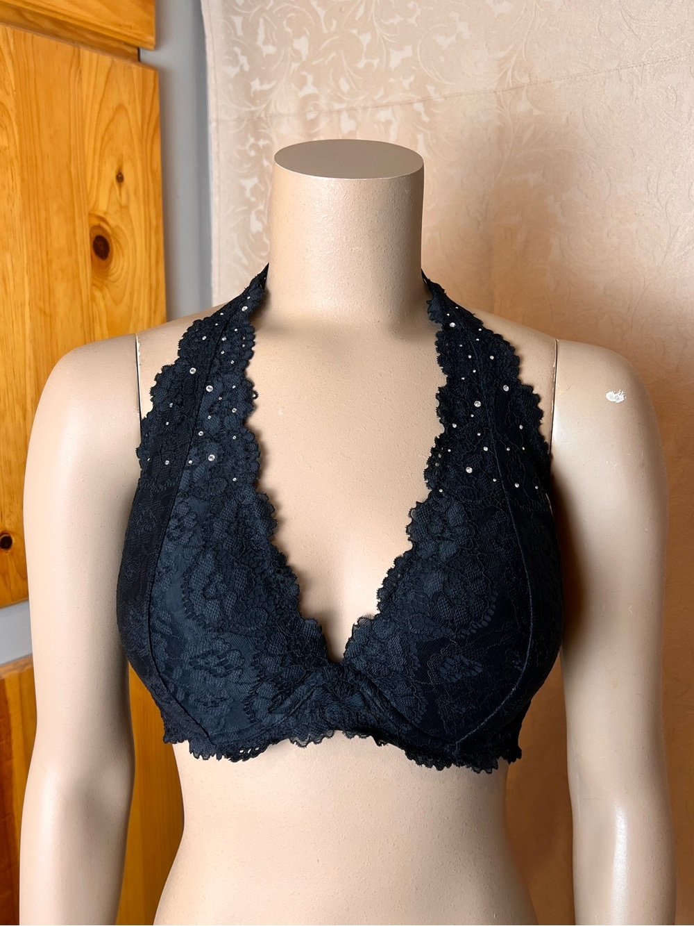 34D | La Senza Black Lace Push-Up or Lightly Lined Halter Bra with Crystals